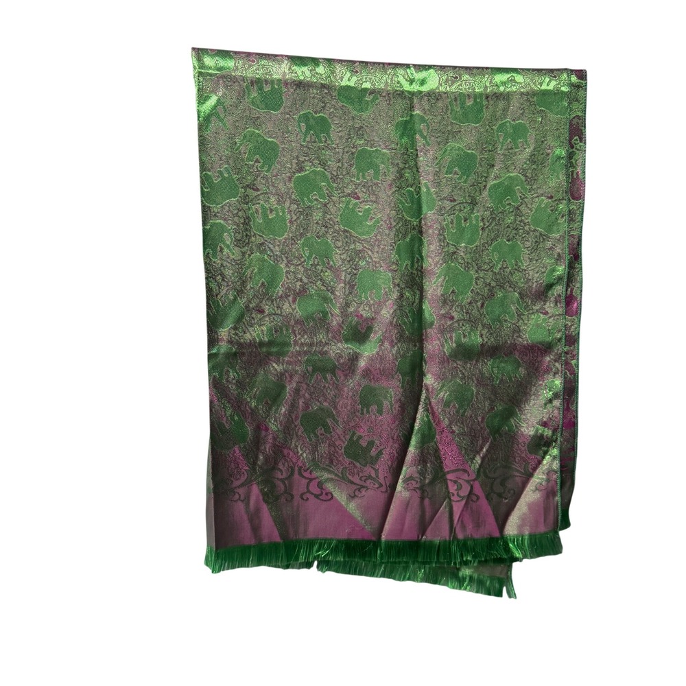 100% Silk Elephant‎ Jacquard Scarf Green Magenta Iridescent Fringed Wrap Boho